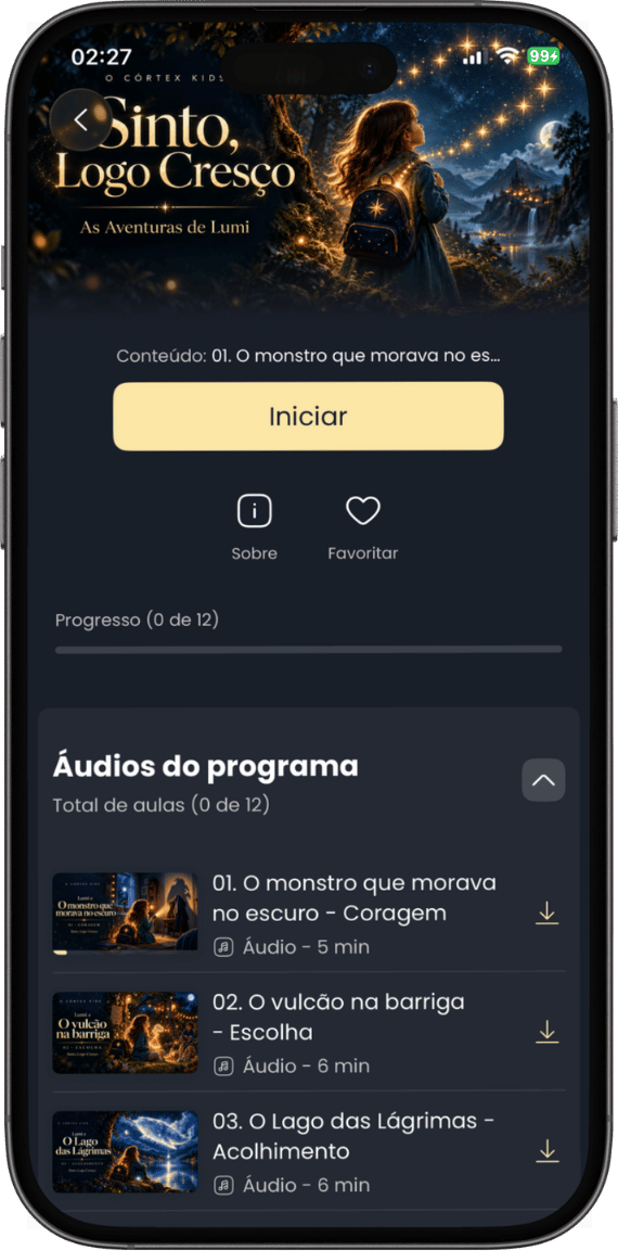 Aplicativo O Córtex com a coleção Sinto, Logo Cresço e botão Iniciar